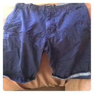 30 inch shorts, above the knee. Navy blue